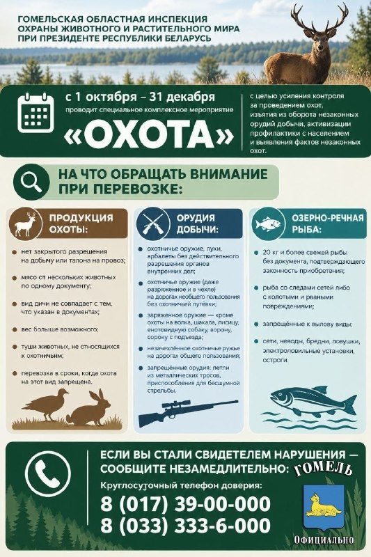 Гомельская инспекция проводит мероприятие «Охота» по контролю за добычей дичи