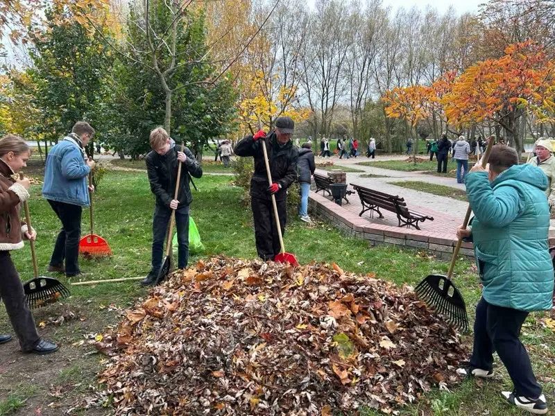 В Гомеле школа №57 убрала опавшую листву в сквере у каскада озёр