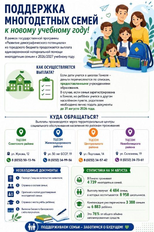 Многодетным семьям Гомеля выплатят материальную помощь к учёбе